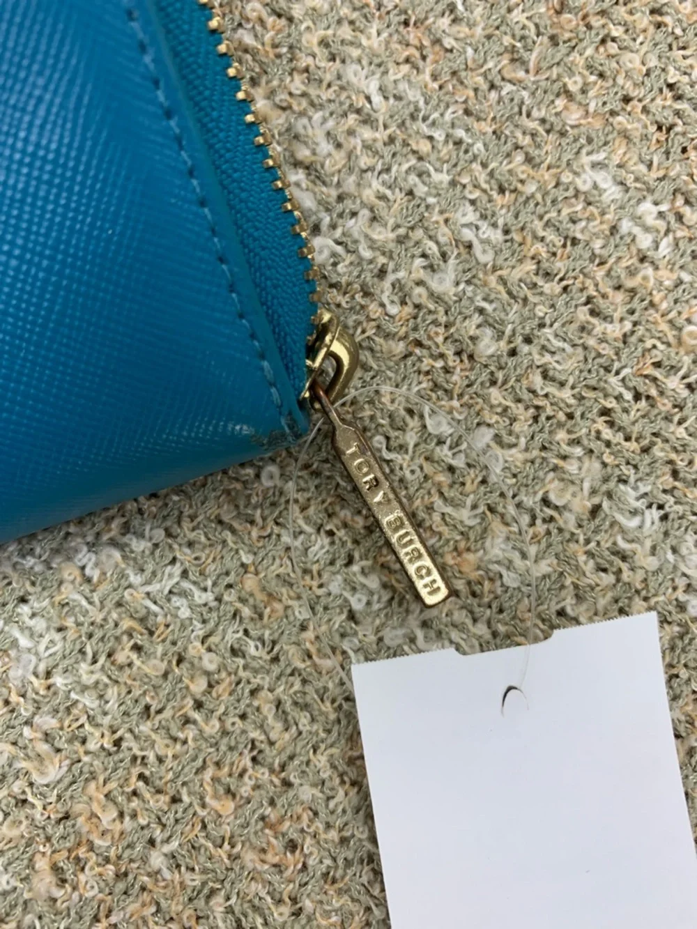 Tory Burch Teal Saffiano Zip Wallet with Gold Logo